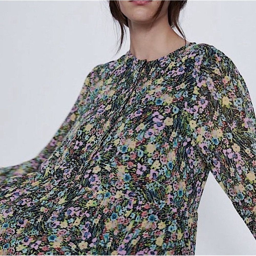 Zara The Amber Dress Floral Tiered Long Sleeve Mini Dress Size Small